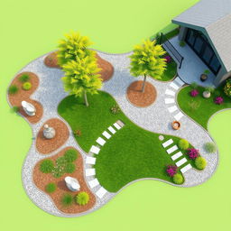 3D rendering of an abstract-shaped garden design featuring ornamental patterns of grey and white gravel intermingled artistically