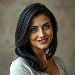 A hyper-realistic portrait of a 40-year-old Iranian woman with large breasts, capturing her beauty and elegance