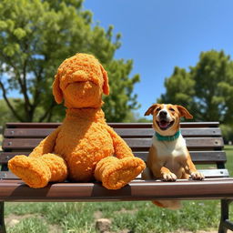 A humorous scene featuring a medium-long, golden-brown chicken nugget sitting comfortably on a park bench