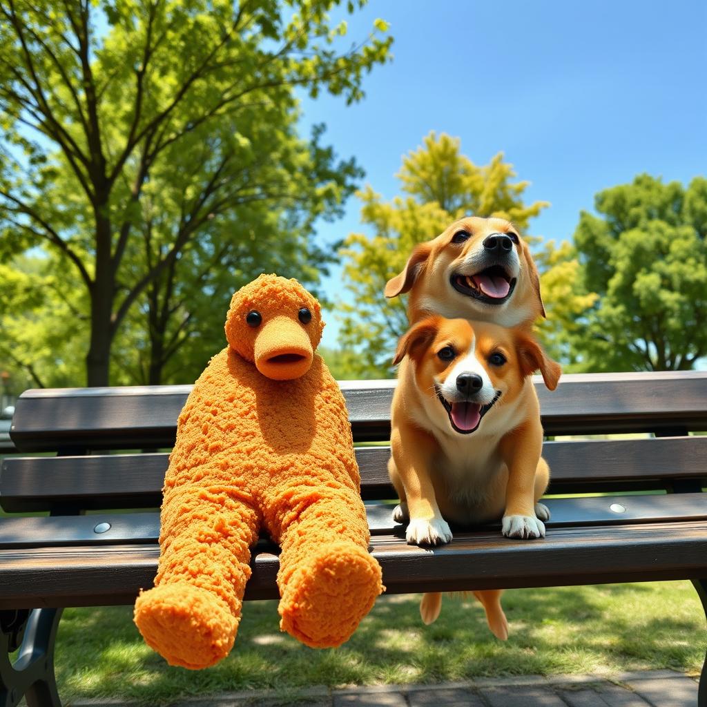 A humorous scene featuring a medium-long, golden-brown chicken nugget sitting comfortably on a park bench