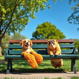 A humorous scene featuring a medium-long, golden-brown chicken nugget sitting comfortably on a park bench