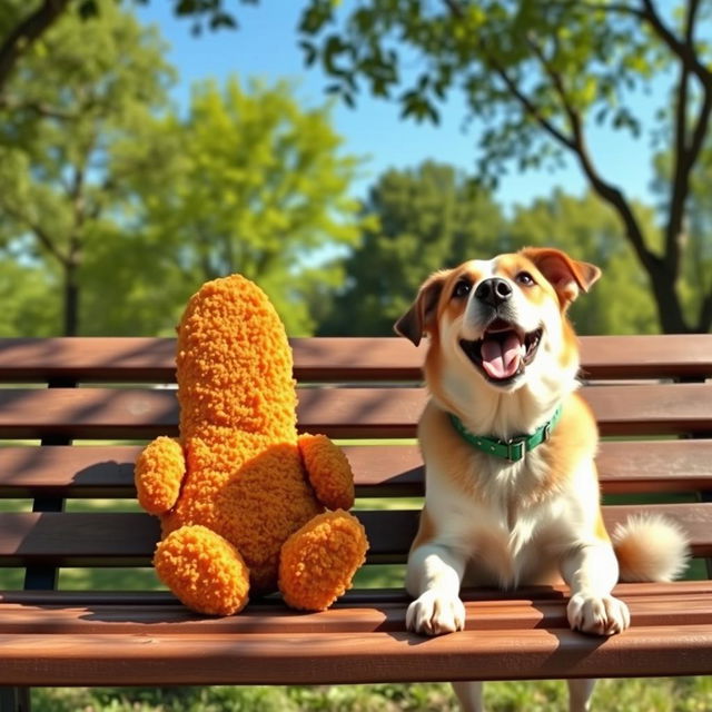 A humorous scene featuring a medium-long, golden-brown chicken nugget sitting comfortably on a park bench