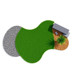 3D rendering of an abstract-shaped garden design featuring a vibrant grassy area in the center