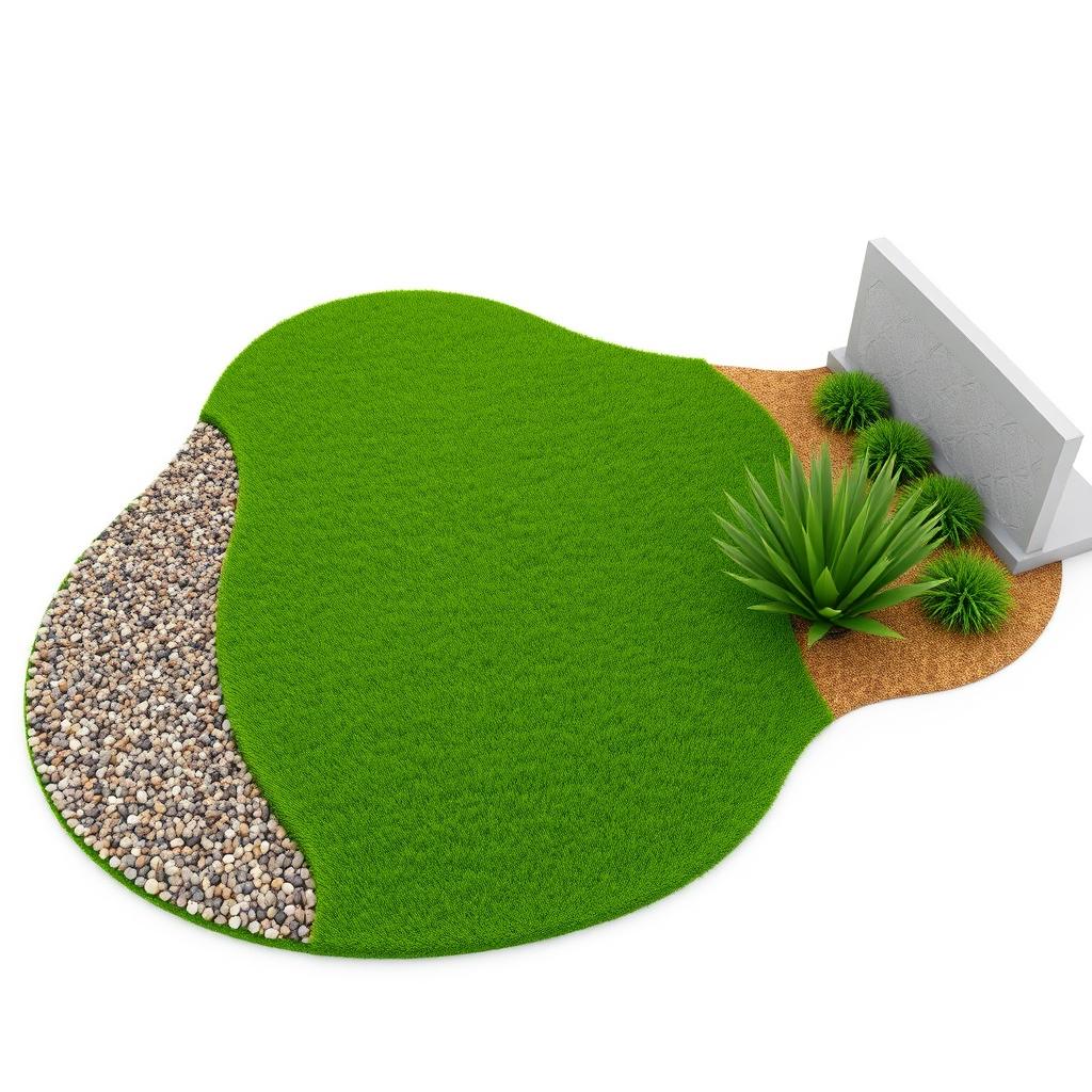 3D rendering of an abstract-shaped garden design featuring a vibrant grassy area in the center