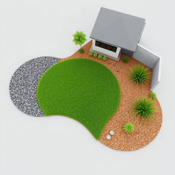 3D rendering of an abstract-shaped garden design featuring a vibrant grassy area in the center