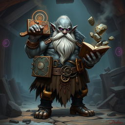 A stout and proud very dark grey-skinned dwarf warrior mage D&D character, showcasing a distinctive white beard resembling rat whiskers and glowing purple eyes