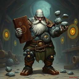 A stout and proud very dark grey-skinned dwarf warrior mage D&D character, showcasing a distinctive white beard resembling rat whiskers and glowing purple eyes
