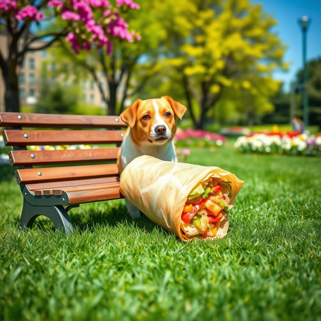 A whimsical scene depicting a large, beautifully presented spring roll sitting on a park bench