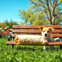 A whimsical scene depicting a large, beautifully presented spring roll sitting on a park bench