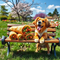A whimsical scene depicting a large, beautifully presented spring roll sitting on a park bench