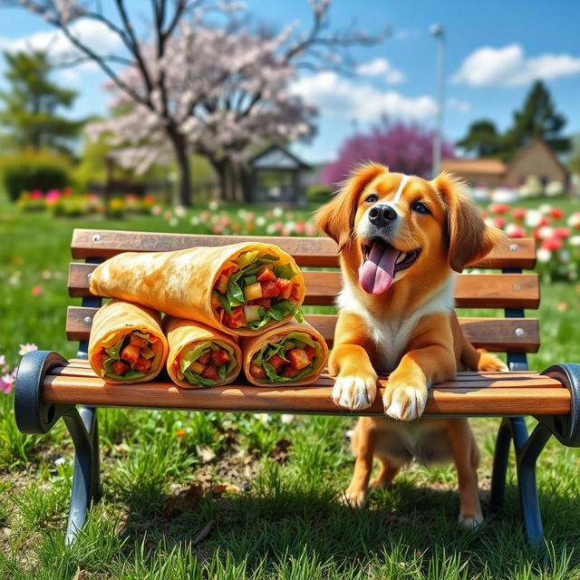 A whimsical scene depicting a large, beautifully presented spring roll sitting on a park bench