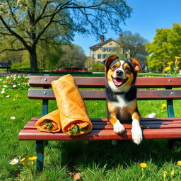 A whimsical scene depicting a large, beautifully presented spring roll sitting on a park bench