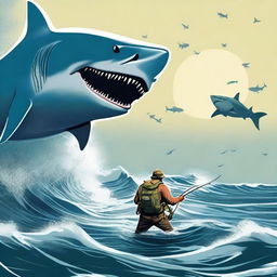 An adventurous fisherman in a fierce battle against a mighty shark, the vast ocean around them amplifying the sense of danger and exhilaration