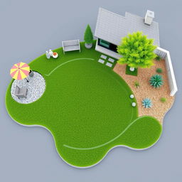 3D rendering of an abstract-shaped garden design featuring a lush grassy area in the center