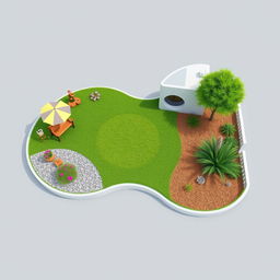 3D rendering of an abstract-shaped garden design featuring a lush grassy area in the center