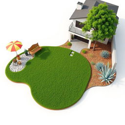 3D rendering of an abstract-shaped garden design featuring a lush grassy area in the center