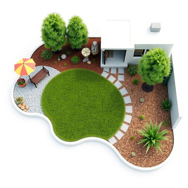 3D rendering of an abstract-shaped garden design featuring a lush grassy area in the center