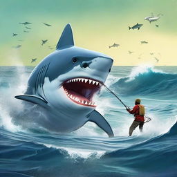 An adventurous fisherman in a fierce battle against a mighty shark, the vast ocean around them amplifying the sense of danger and exhilaration