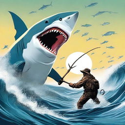 An adventurous fisherman in a fierce battle against a mighty shark, the vast ocean around them amplifying the sense of danger and exhilaration