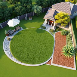 3D rendering of a large garden design featuring a central lush grassy area