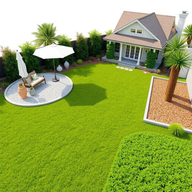 3D rendering of a large garden design featuring a central lush grassy area