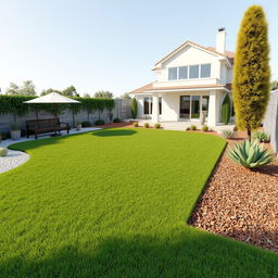 3D rendering of a large garden design featuring a central lush grassy area