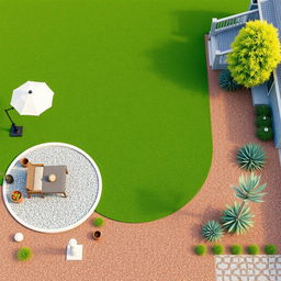 3D rendering of a large garden design featuring a central lush grassy area