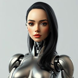 A hyper-realistic humanoid robot with a sleek metallic body and an extremely lifelike human face that closely resembles a 40-year-old Iranian woman