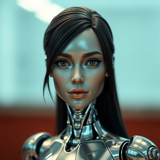 A hyper-realistic humanoid robot with a sleek metallic body and an extremely lifelike human face that closely resembles a 40-year-old Iranian woman