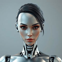 A hyper-realistic humanoid robot with a sleek metallic body and an extremely lifelike human face that closely resembles a 40-year-old Iranian woman