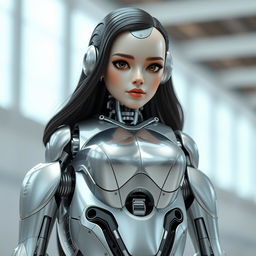 A hyper-realistic humanoid robot with a sleek metallic body and an extremely lifelike human face that closely resembles a 40-year-old Iranian woman