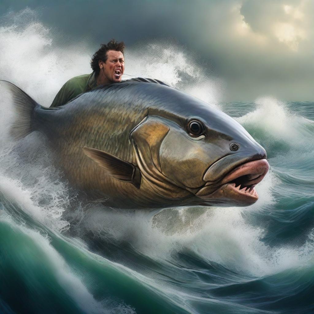 A hyper-realistic scene capturing a daring individual attempting to fish a colossal piranha, amidst the turbulent waves and murky waters