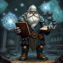 A stout and proud very dark grey-skinned dwarf warrior mage D&D character, characterized by a distinctive white beard resembling rat whiskers and glowing purple eyes