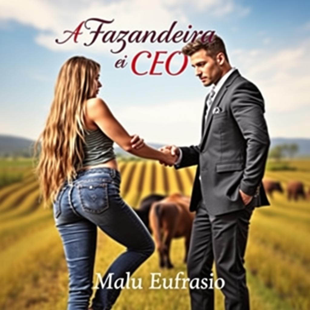 A romantic book cover featuring the title "A Fazendeira e o CEO" written in an artistic, elegant font