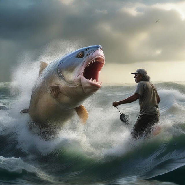 A hyper-realistic scene capturing a daring individual attempting to fish a colossal piranha, amidst the turbulent waves and murky waters