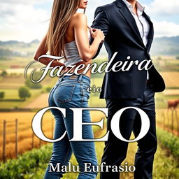 A romantic book cover featuring the title "A Fazendeira e o CEO" written in an artistic, elegant font