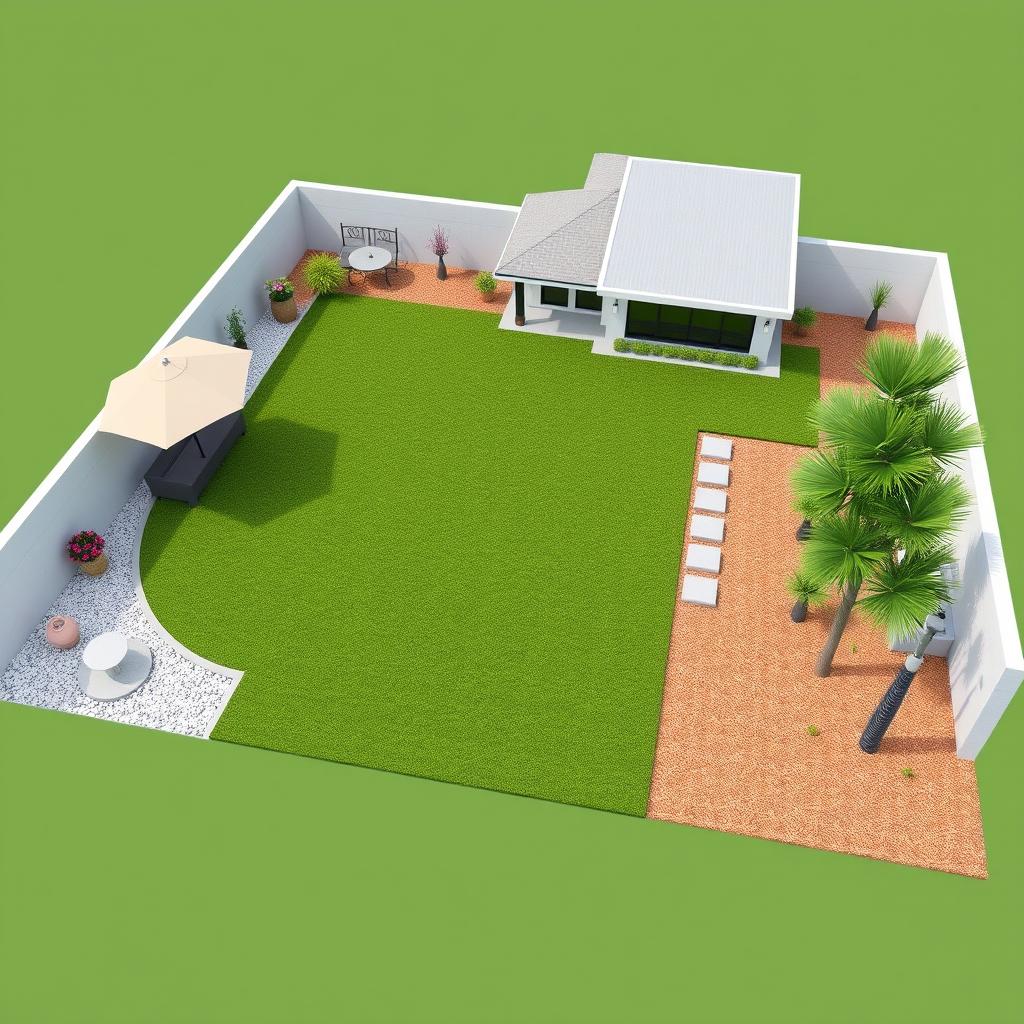 3D rendering of a large garden design featuring a central grassy area