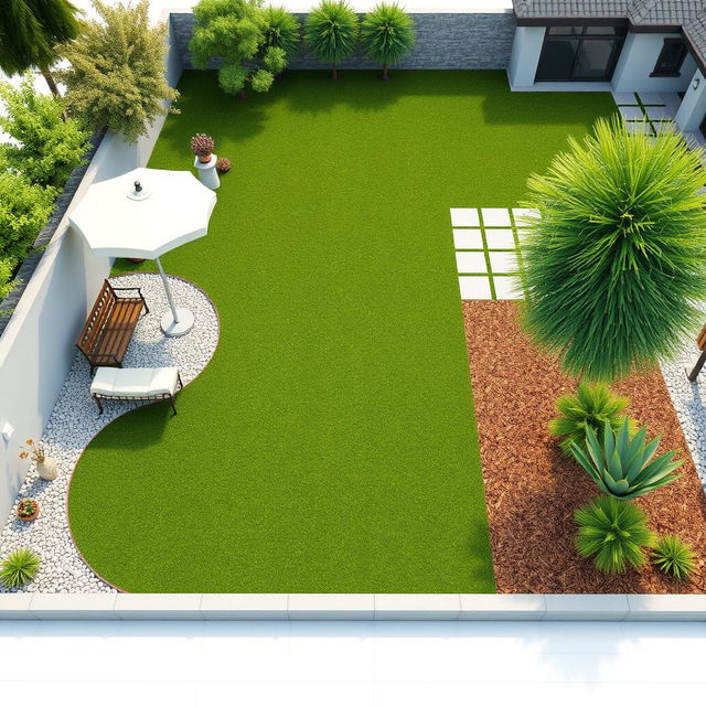 3D rendering of a large garden design featuring a central grassy area