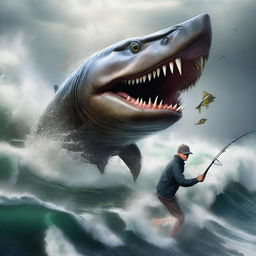 A hyper-realistic scene capturing a daring individual attempting to fish a colossal piranha, amidst the turbulent waves and murky waters