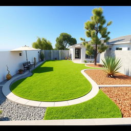 3D rendering of a large garden design featuring a central grassy area