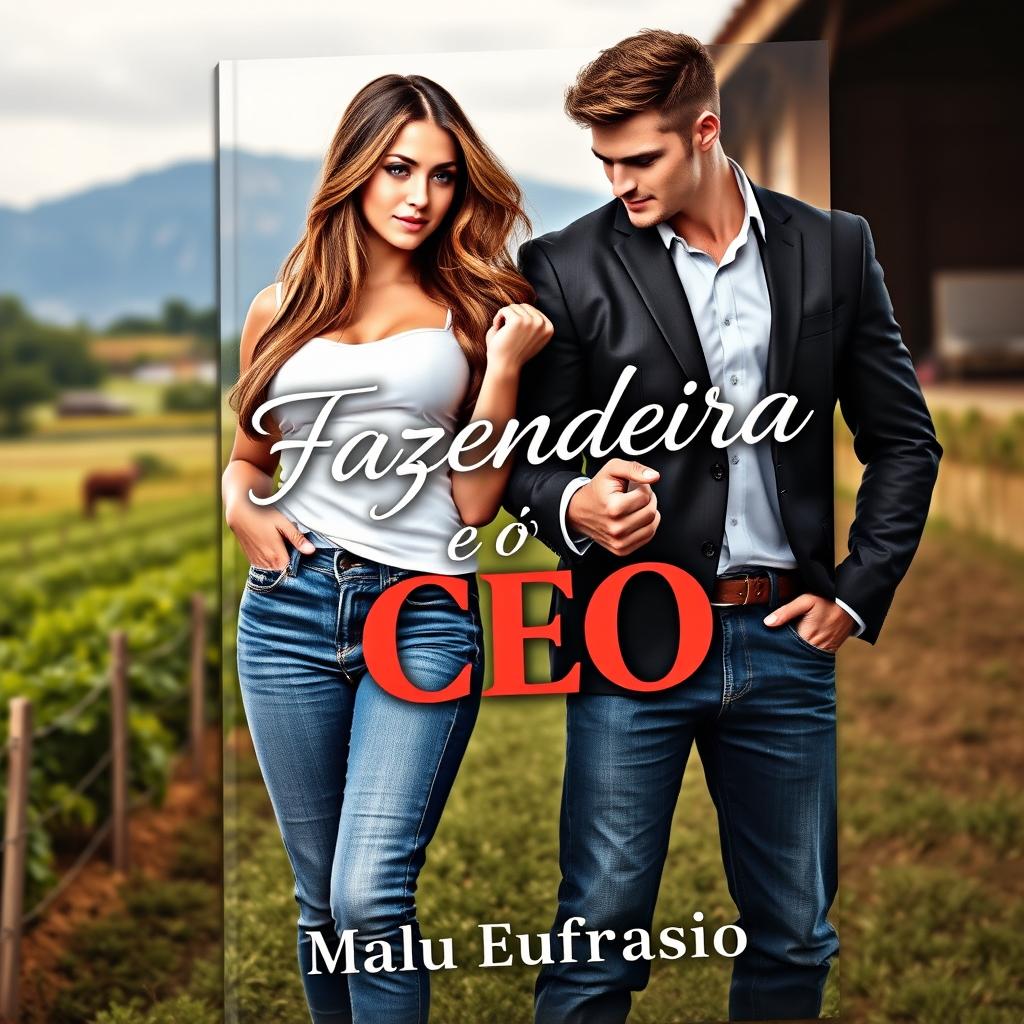 A romantic book cover featuring the title "A Fazendeira e o CEO" artistically designed in an elegant font