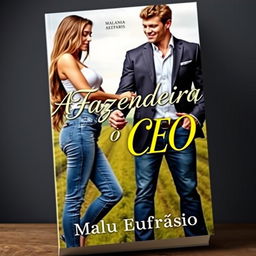 A romantic book cover featuring the title "A Fazendeira e o CEO" artistically designed in an elegant font