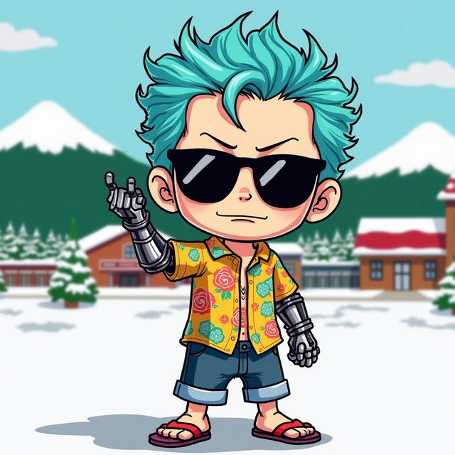 A South Park-style cartoon character inspired by Frankie from One Piece, with an oversized head and small body, featuring Frankie’s iconic blue hair styled into a pompadour, quirky sunglasses and a mechanical arm