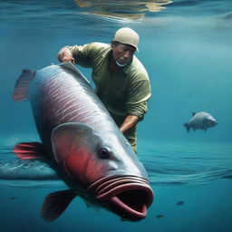 A hyper-realistic scene illustrating a fisherman in the middle of the sea, ensnared in a battle of wits and strength with a massive arapaima fish