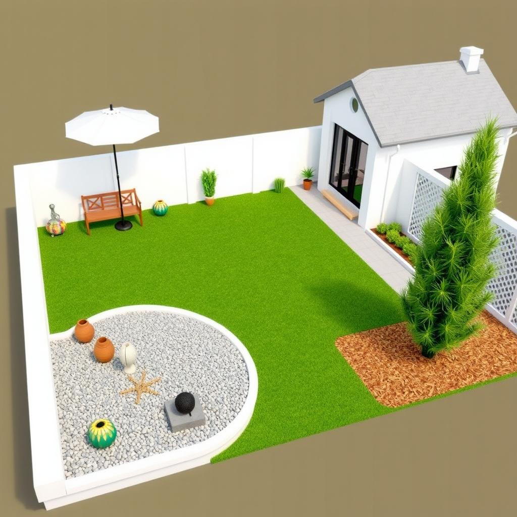 3D rendering of a large rectangular garden design featuring a central grassy area