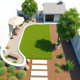 3D rendering of a large rectangular garden design featuring a central grassy area