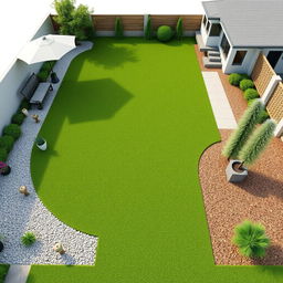 3D rendering of a large rectangular garden design featuring a central grassy area