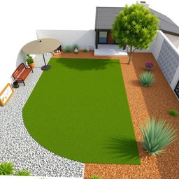 3D rendering of a large rectangular garden design featuring a central grassy area