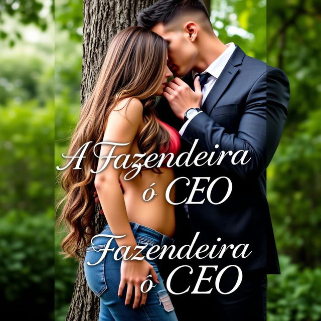 A captivating book cover for a romance novel titled "A Fazendeira e o CEO" featuring a beautiful young woman wearing jeans and having long hair that cascades down to her waist, with a curvy figure