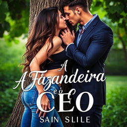 A captivating book cover for a romance novel titled "A Fazendeira e o CEO" featuring a beautiful young woman wearing jeans and having long hair that cascades down to her waist, with a curvy figure